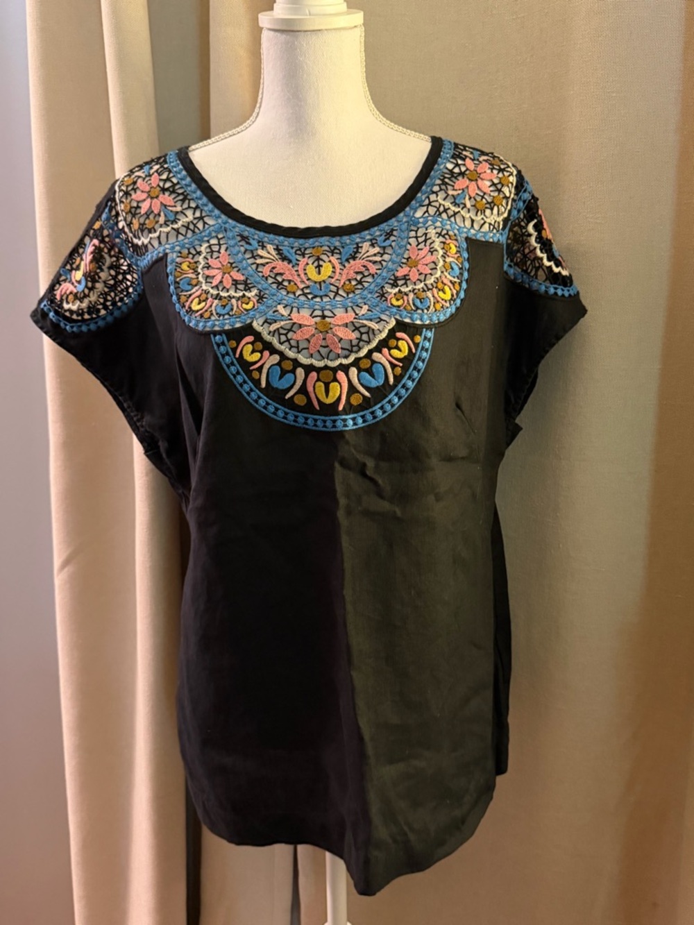 Boden Fleur Navy Blue Linen Embroidered Blouse Size US 14